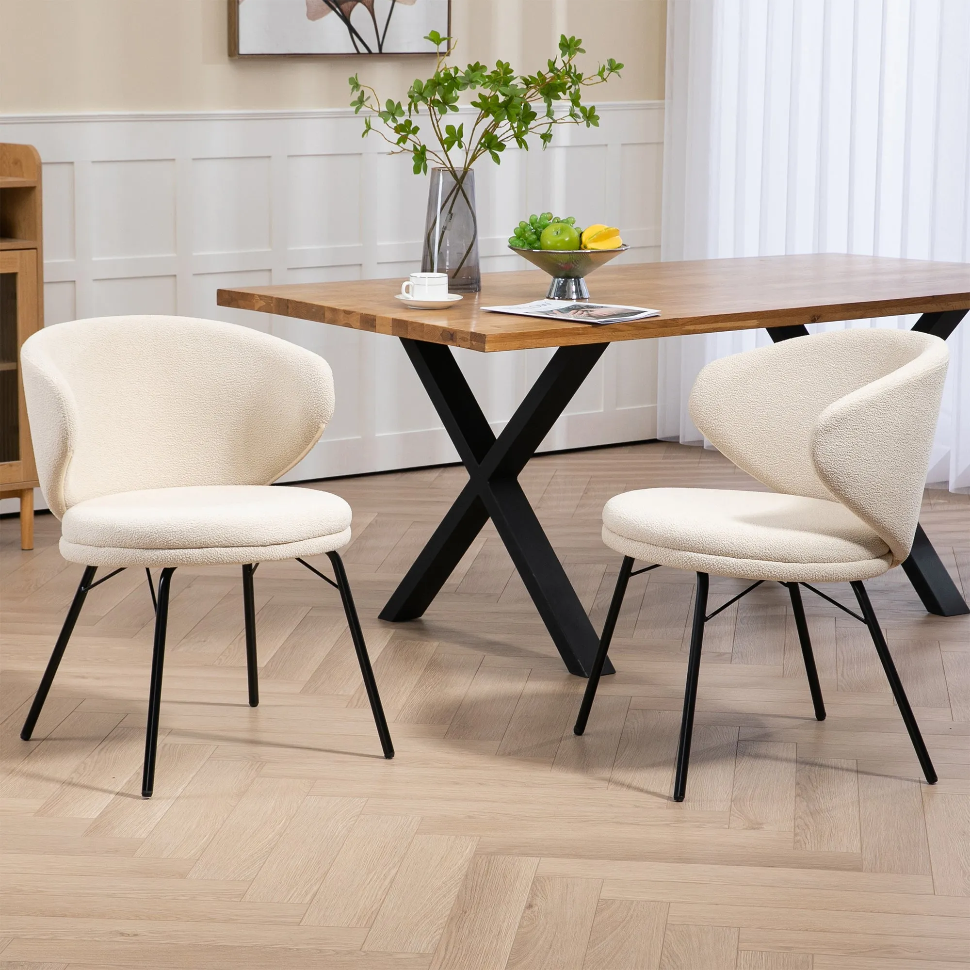 Set of 2 Barclay White Fabric Dining Chair with Black Iron Legs