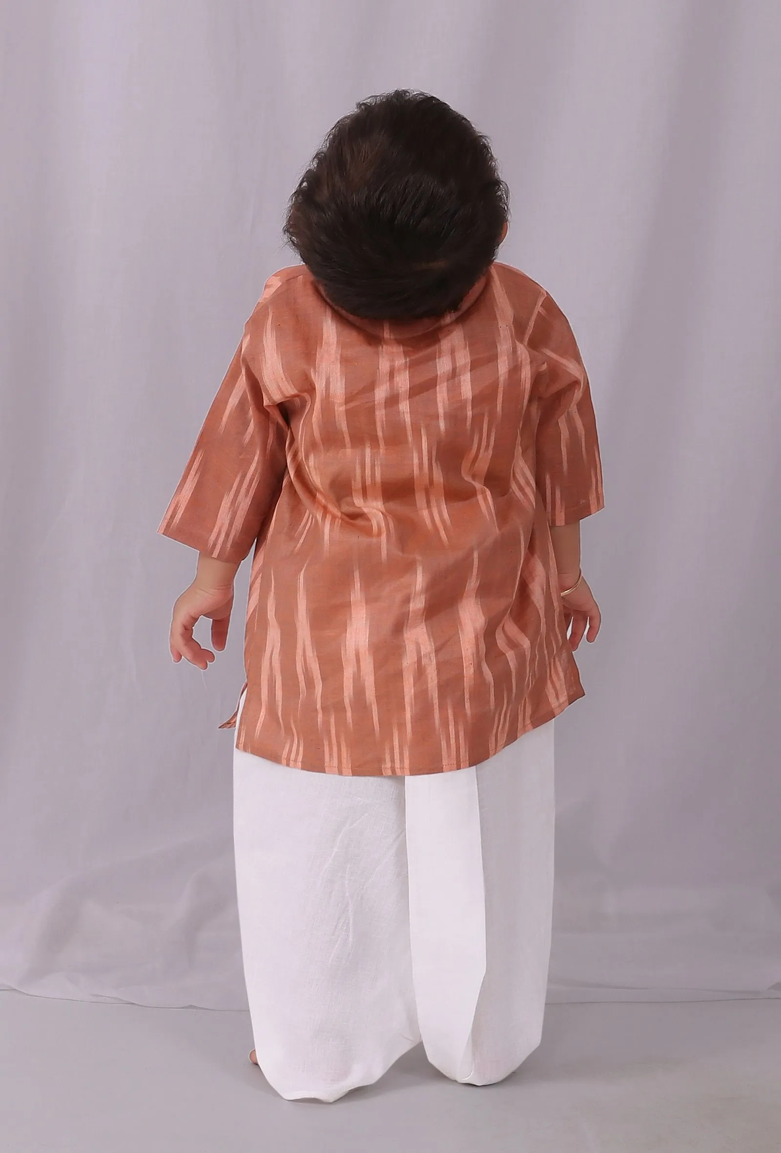 Set of 2: Chocolate Brown Ikat Kurta with white Dhoti pants