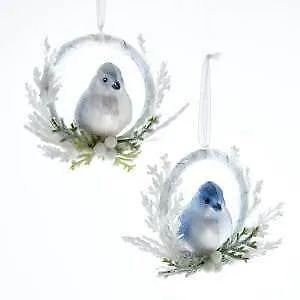 Set of 2 Glass Bird On Top Of Wreath Ornaments