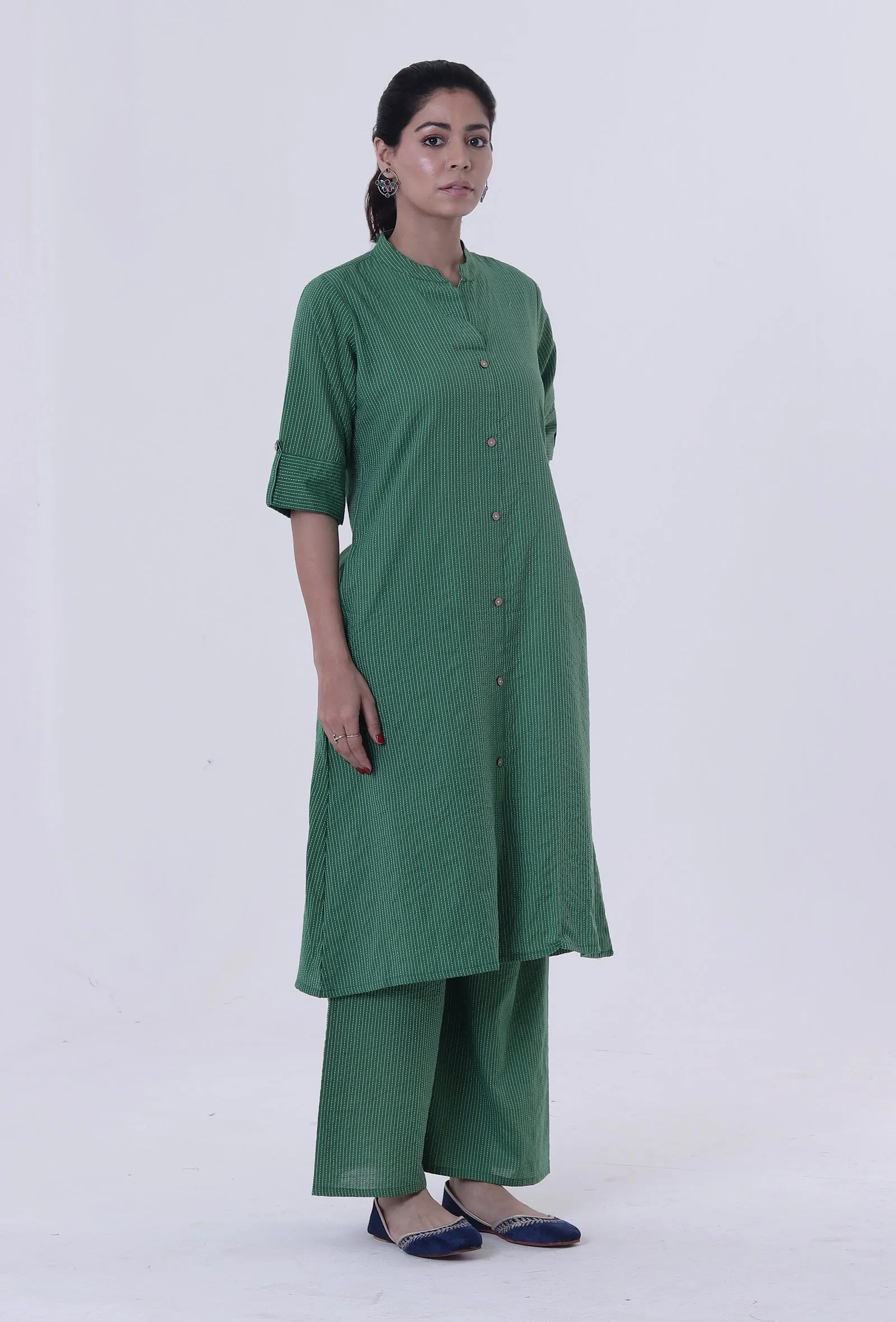 Set Of 2: Hazel Green Cotton Kurti With Palazzo Set