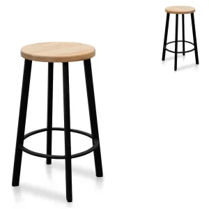 Set of 2 - James 65cm Bar Stool - Natural Timber Seat and Black Frame