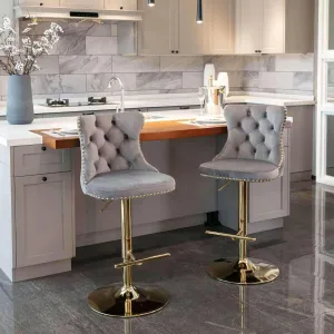 Set of 2 Modern Adjustable Velvet Swivel Bar Stools