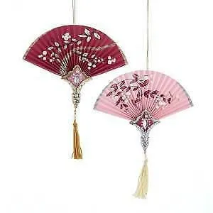 Set of 2 Pink and Burgundy Fan Ornaments