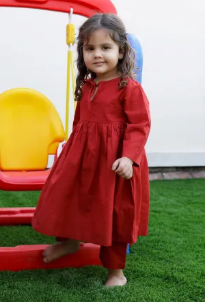 Set Of 2: Scarlet Red Cotton Kurta And Red Pant