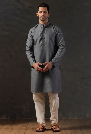 SET Of 2: Steel Grey Silk Kurta with Cotton Pyjama