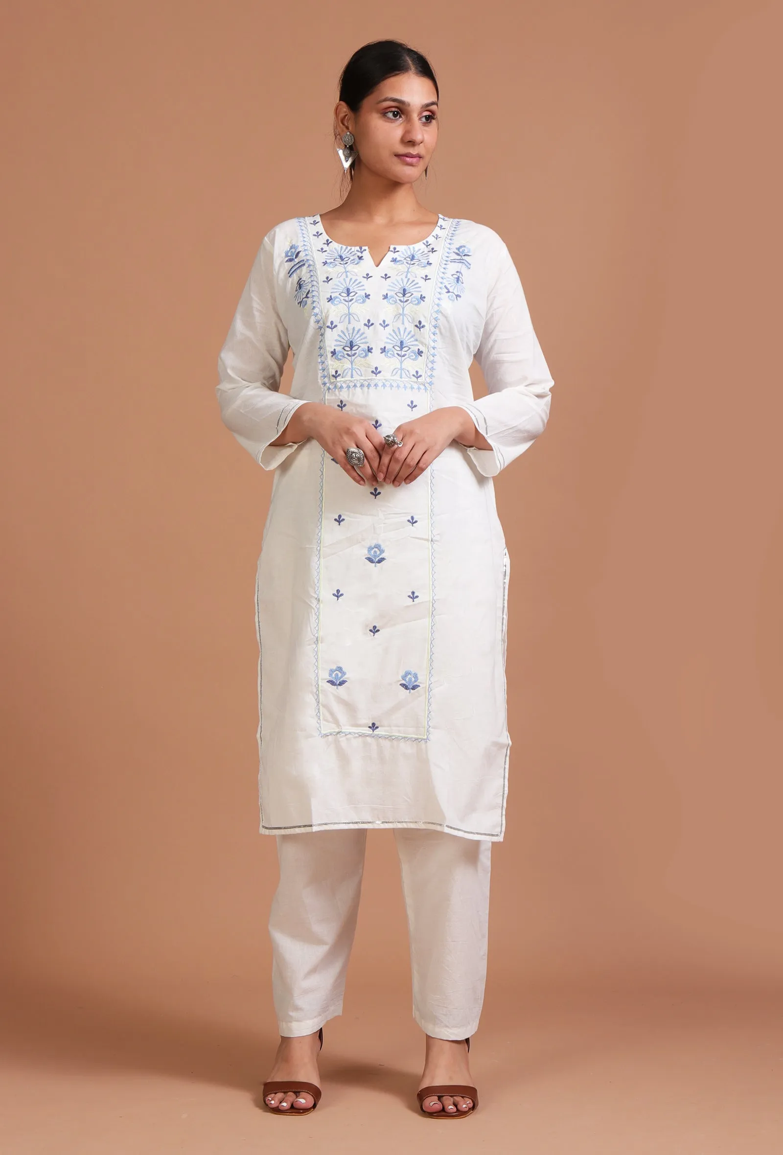 Set Of 2: White Cotton Embroidered Kurta & Pant Set