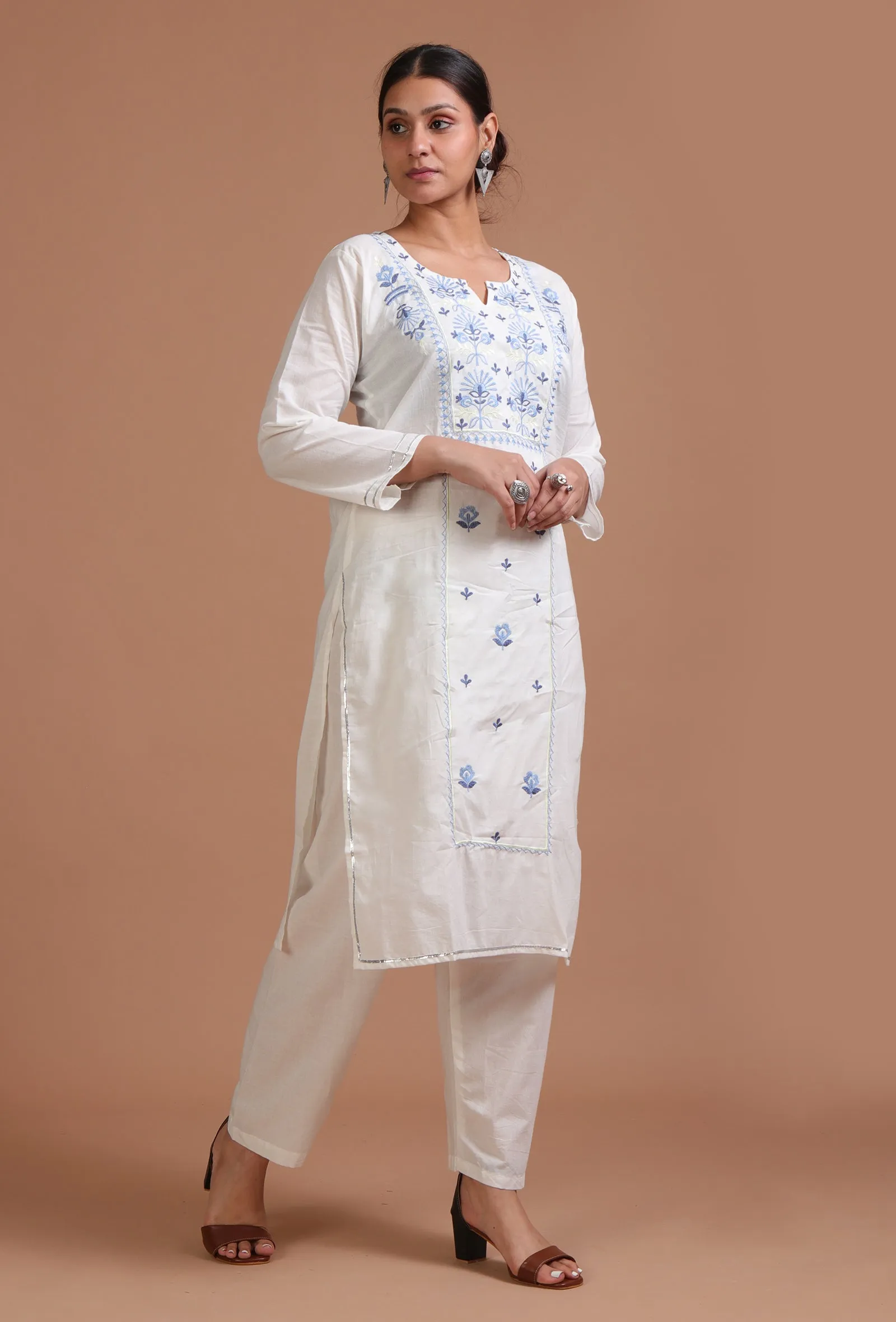 Set Of 2: White Cotton Embroidered Kurta & Pant Set