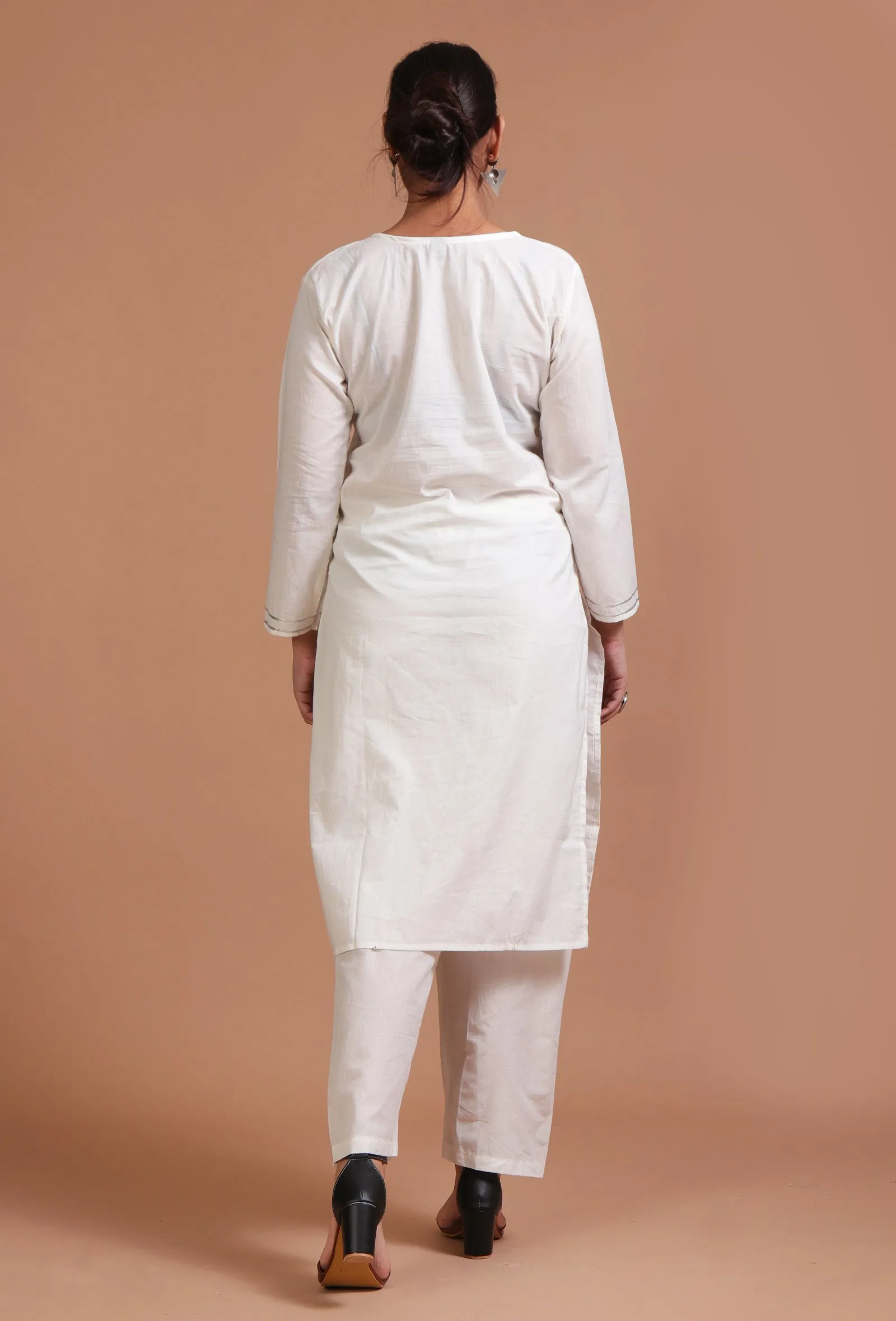 Set Of 2: White Cotton Embroidered Kurta & Pant Set