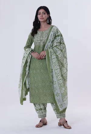 Set Of 3: Green & White Color Cotton Block Printed Kurta, Pant & Dupatta