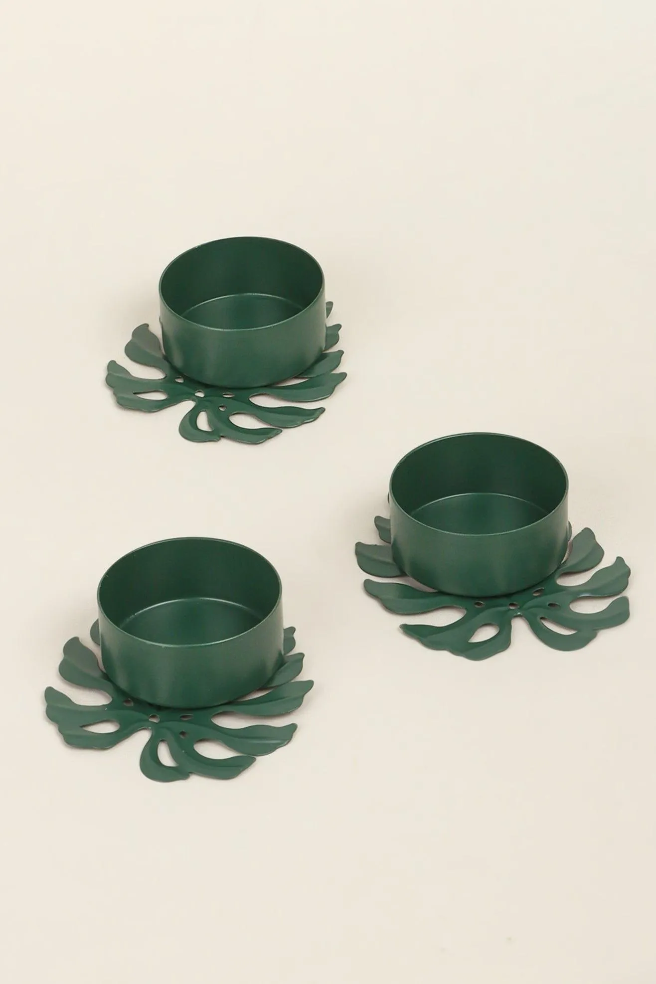 Set of 3 Green Palm Leaf Tea Light Holders