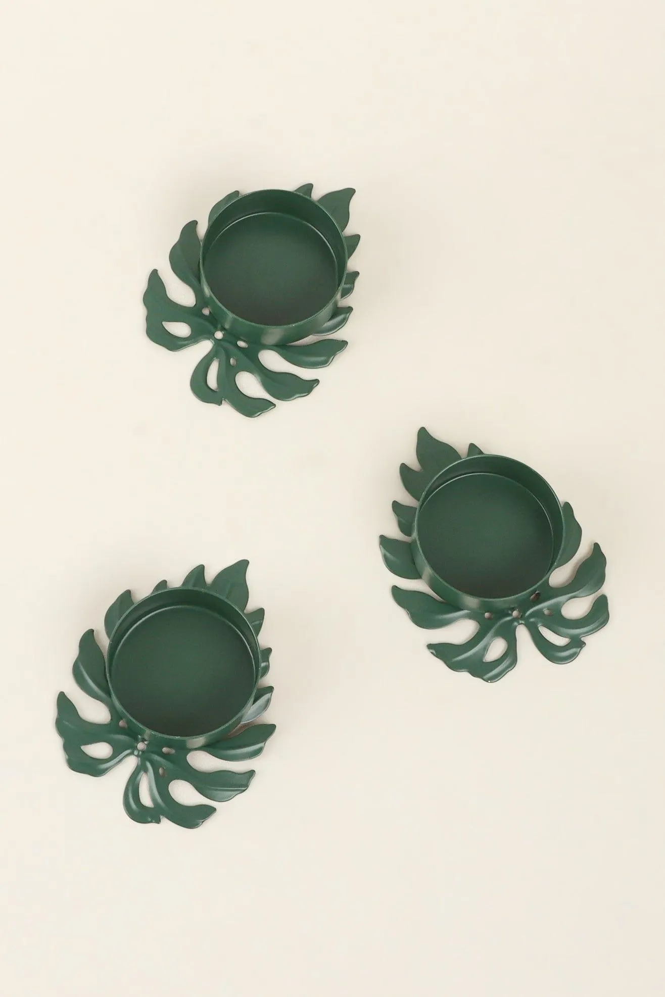 Set of 3 Green Palm Leaf Tea Light Holders