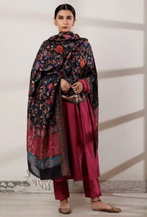 Set of 3: Mulberry Pink Kalidar with Palazzo and Black Kani Dupatta