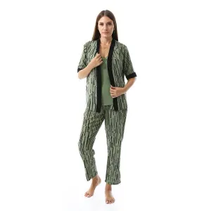 Set Of 3 Robe, Top & Pants Pajama Set for Women- Olive