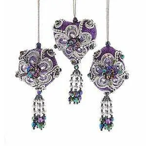 Set of 3 Royal Splendor Miniature Purple and Silver Floral Hanging Ornaments