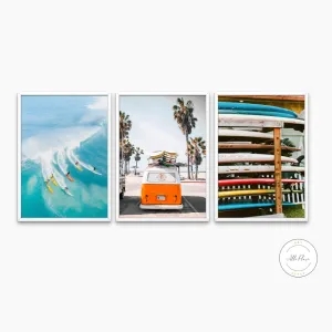 Set Of 3 Surfboard Wall Decor PRINTABLE ART, Surf Prints, Surfboard Wall Art, Vintage Van Print, Wave Surfboards Hippie Van, Coastal Decor