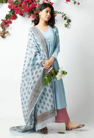 Set of 3: The Innocent Baby Blue Cotton Kurta with Matching Dupatta & Palazzo