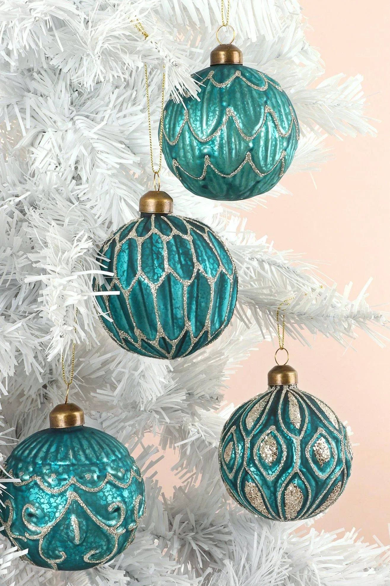 Set of 4 Sparkling Blue Glass Christmas Tree Baubles with Silver Glitter Patterns