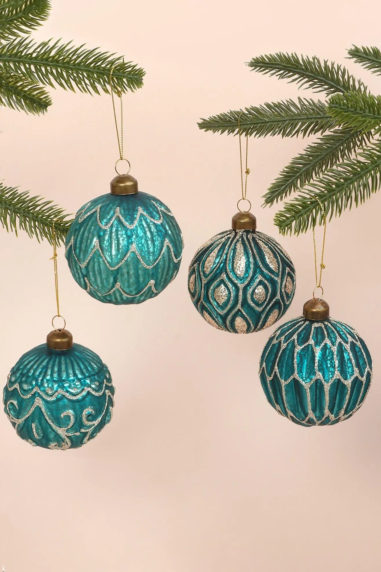 Set of 4 Sparkling Blue Glass Christmas Tree Baubles with Silver Glitter Patterns