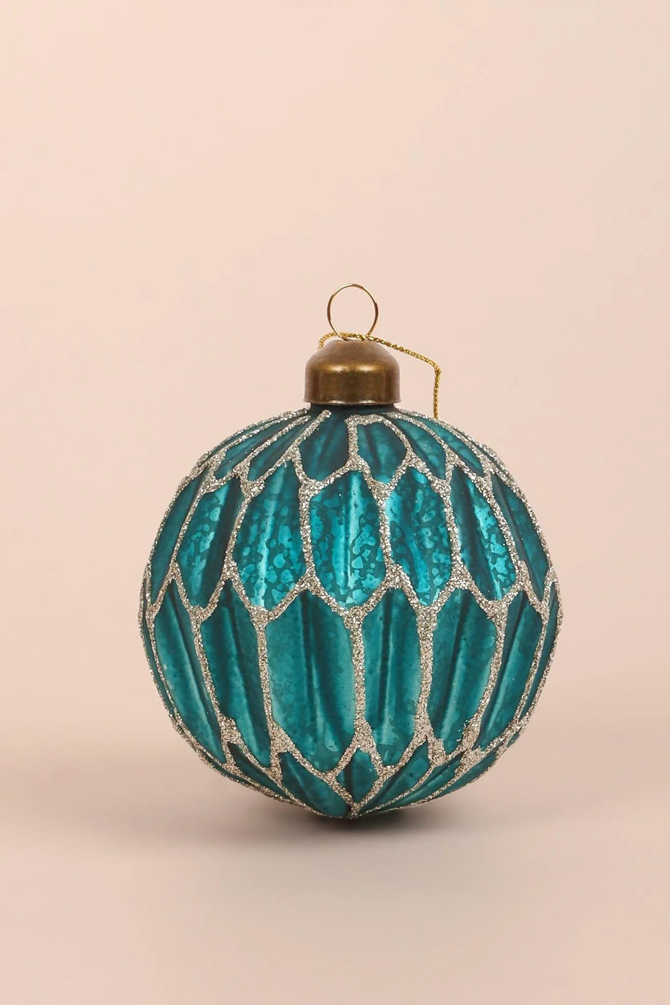 Set of 4 Sparkling Blue Glass Christmas Tree Baubles with Silver Glitter Patterns