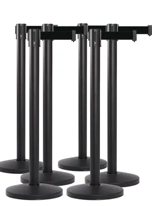 SET OF 6 BLACK RETRACTABLE BELT BARRIERS-Queue Master