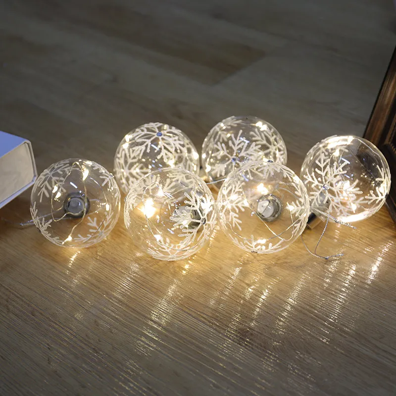 Set of 6 Christmas Glass Balls LED Baubles Party Decor with Snowflake