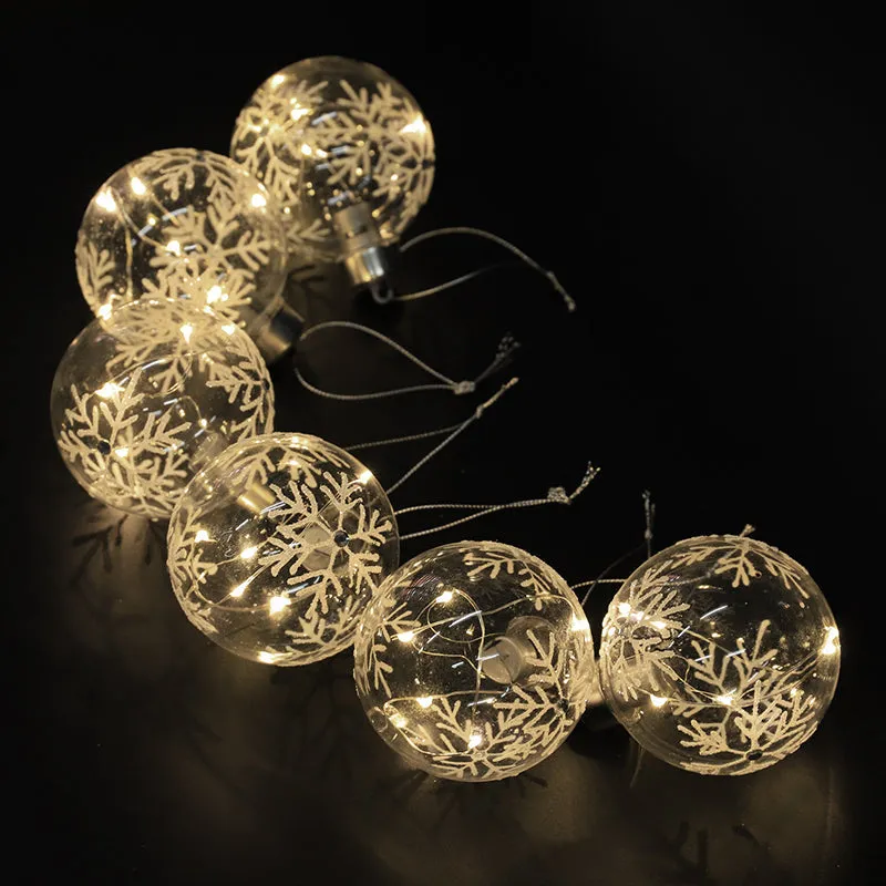 Set of 6 Christmas Glass Balls LED Baubles Party Decor with Snowflake