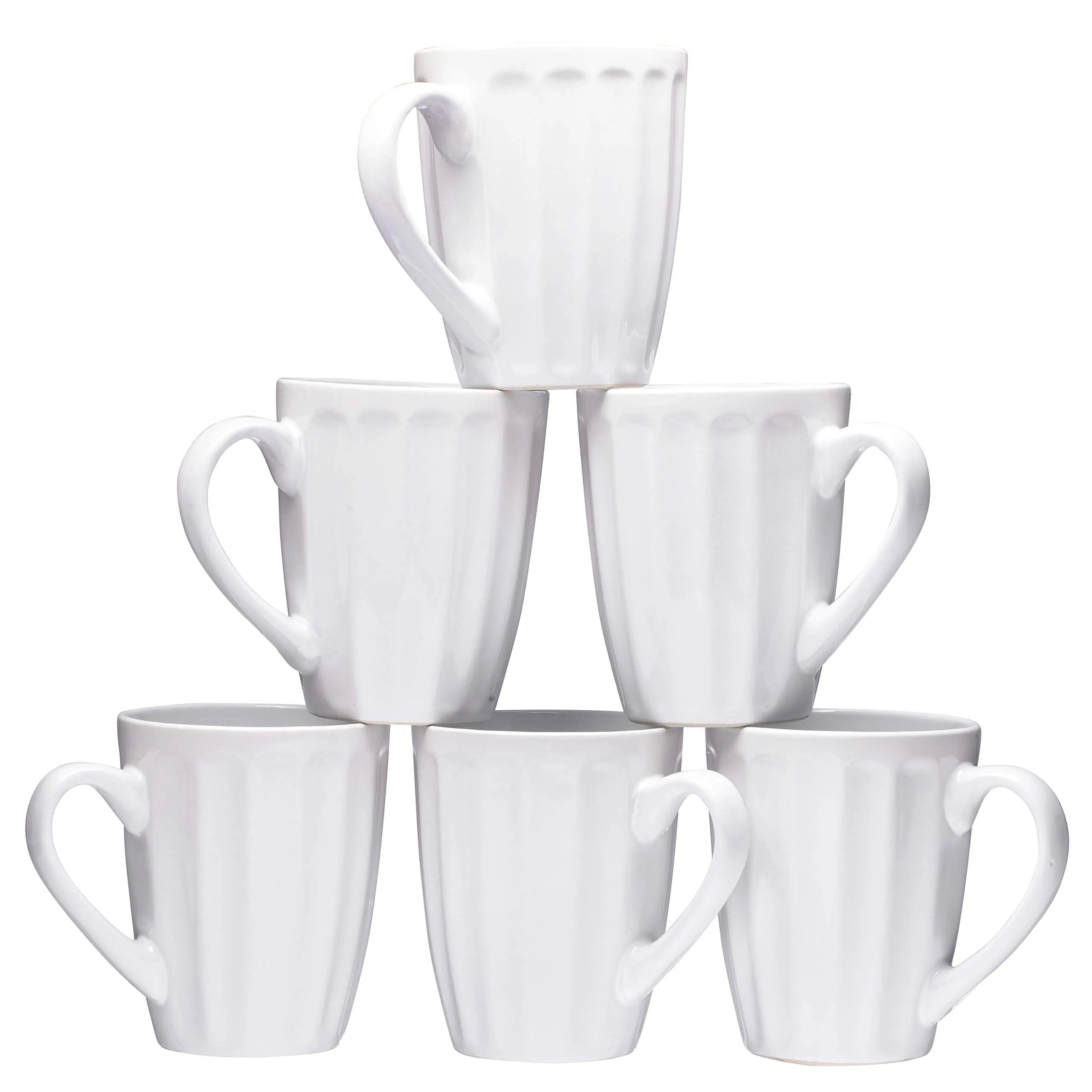 Set of 6 Large-sized 16 Ounce (To Rim) Ceramic Coffee Grooved Mugs