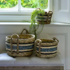 Set of Three Round Straw & Corn Baskets - Blue Stripe