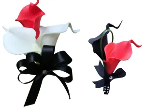 Set: Red and Black Real Touch Calla Lily Wrist Corsage & Boutonniere