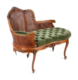 Settee, Louis XV Style, Caned, Green Tufted Upholstery, 33 1/2" H, 1900s