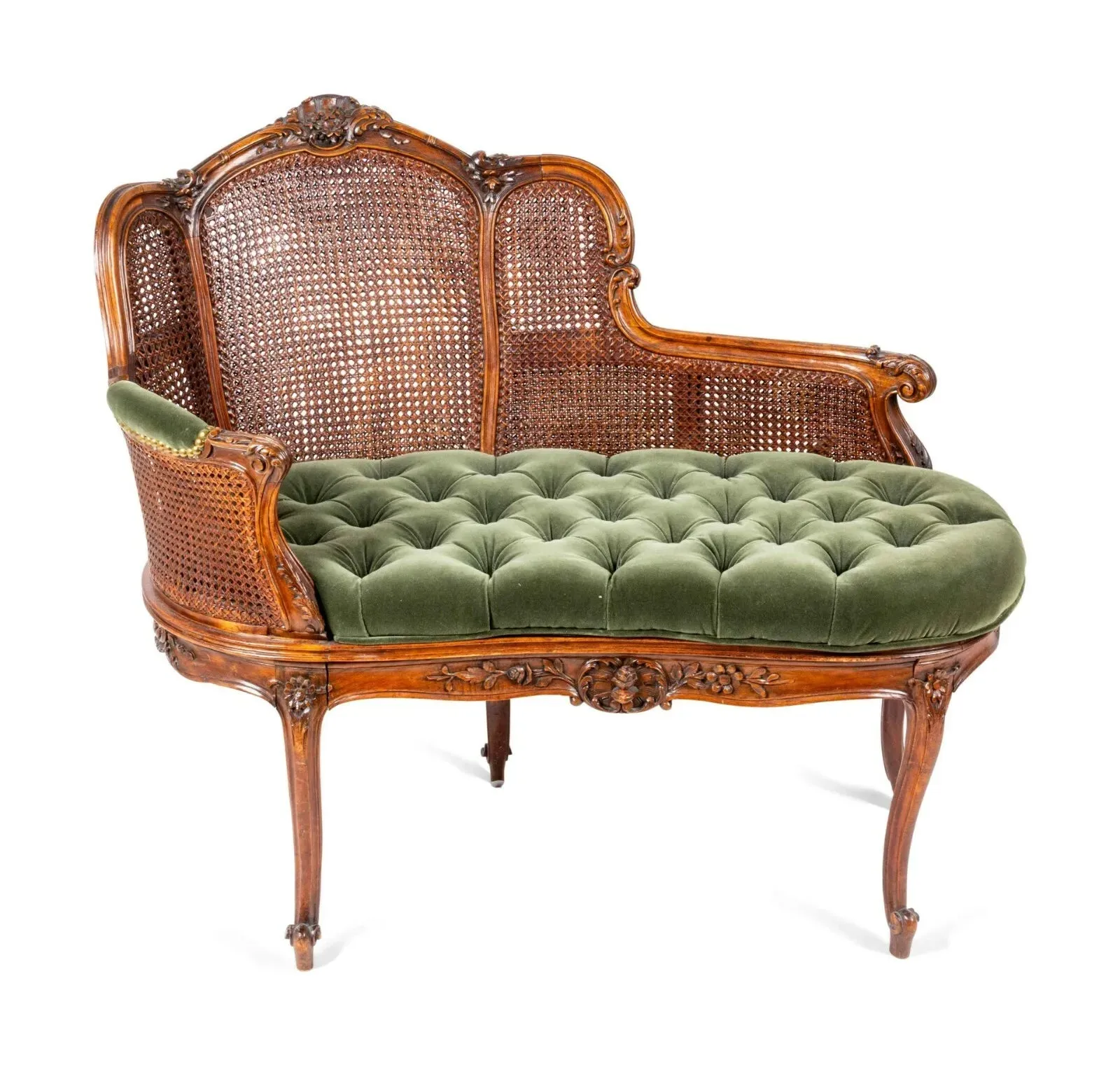 Settee, Louis XV Style, Caned, Green Tufted Upholstery, 33 1/2" H, 1900s