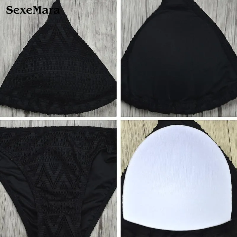 SEXEMARA XH2808 Black Sexy Bikini Bather Women Swimsuit Solid Push Up