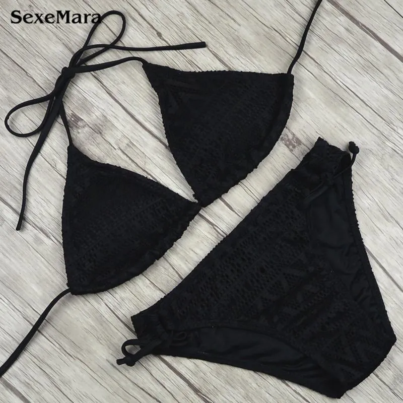 SEXEMARA XH2808 Black Sexy Bikini Bather Women Swimsuit Solid Push Up