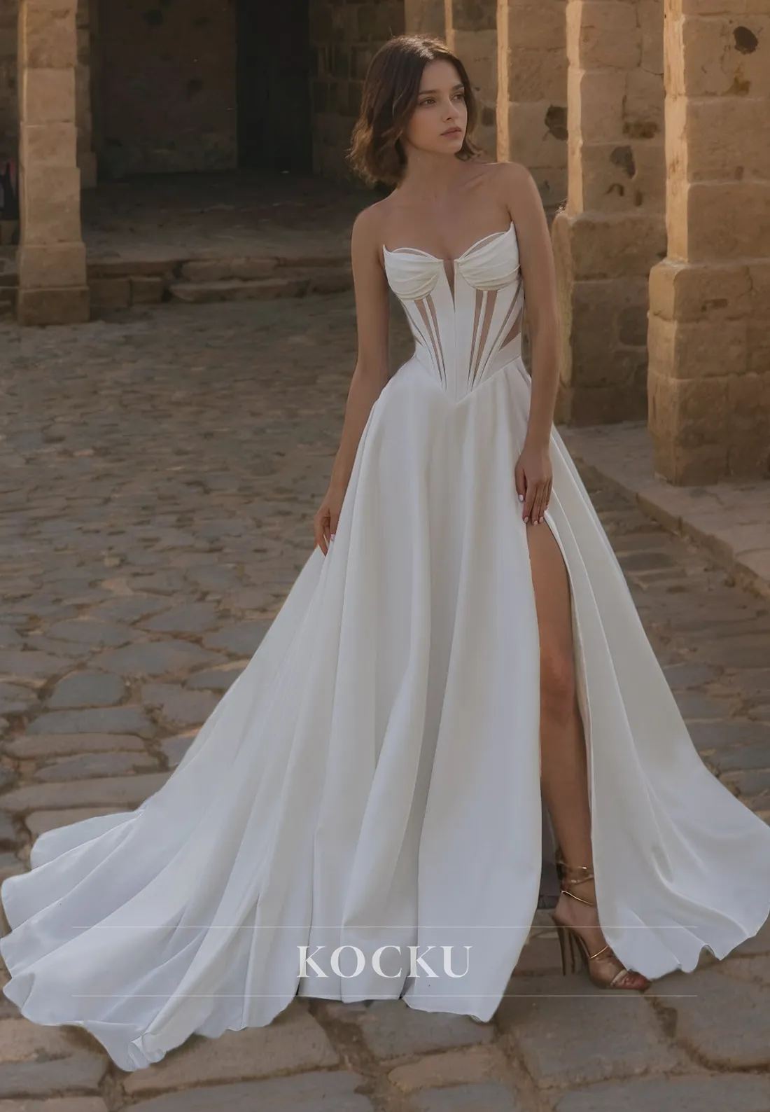 Sexy &Hot A Line Strapless Wedding Dress with Slit Cut Outs