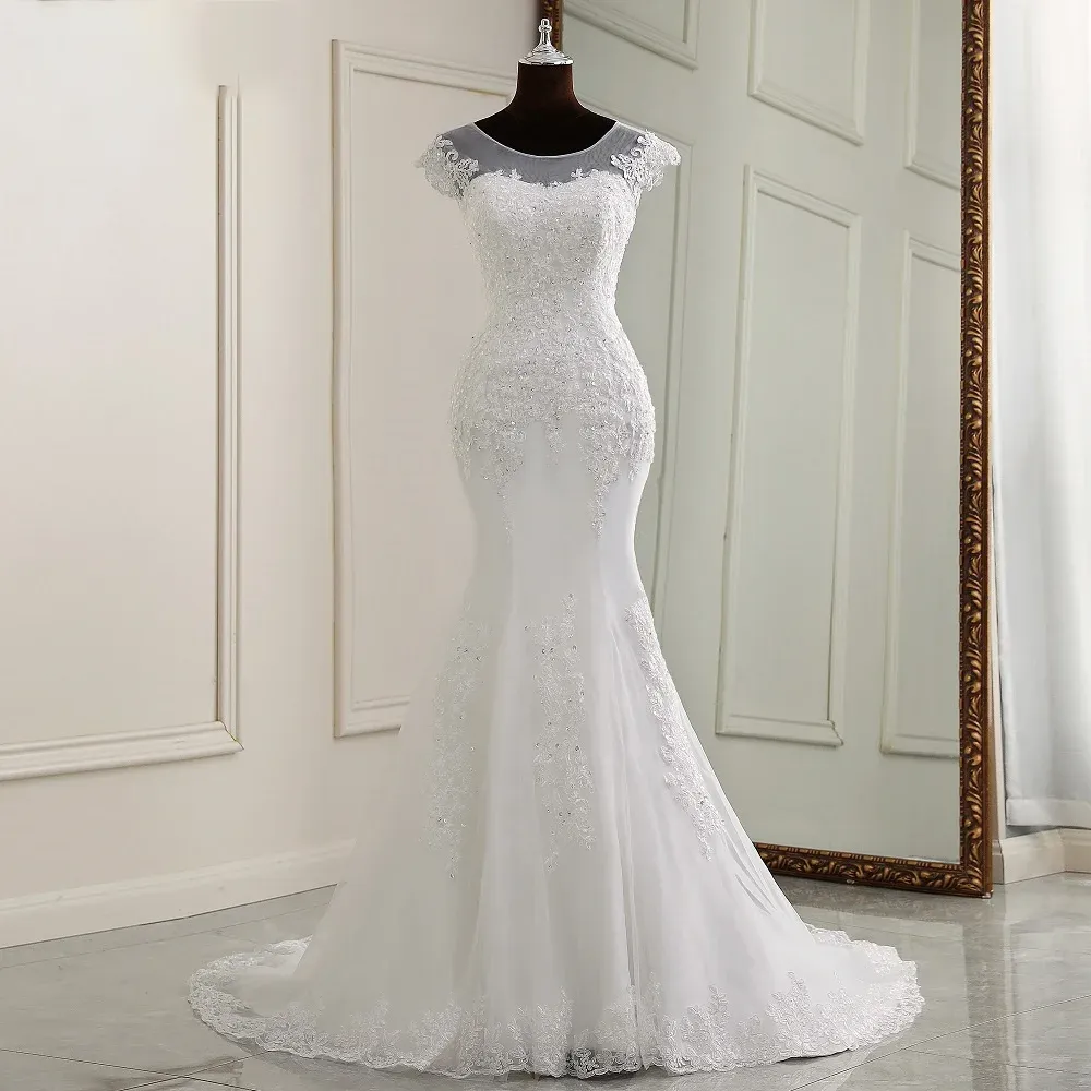 Sexy Applique Cap Sleeve Mermaid Wedding dress Bridal Gown