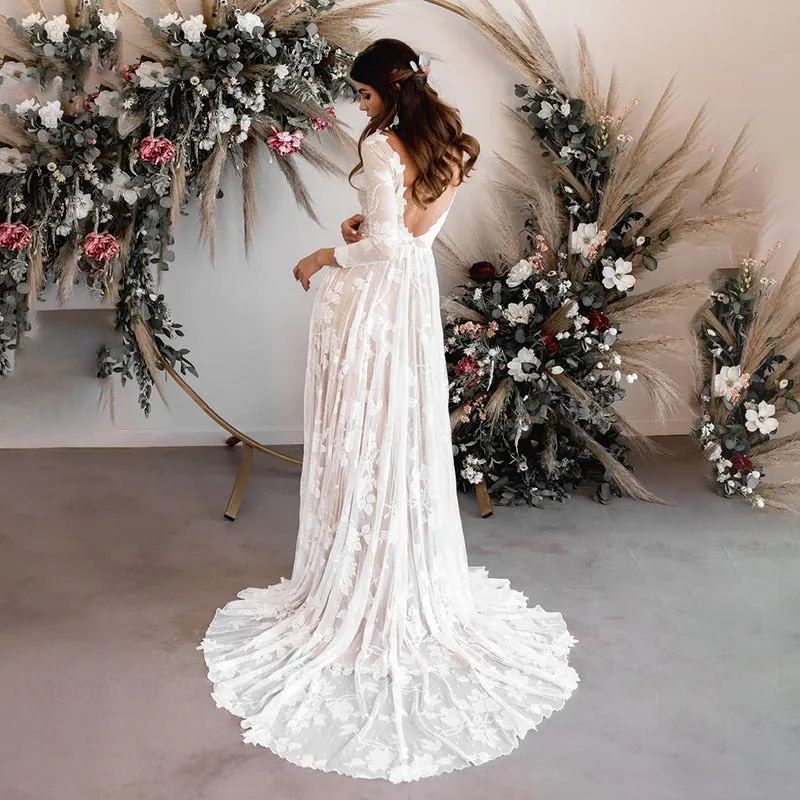 Sexy Backless Long Sleeves Beach Wedding Dress