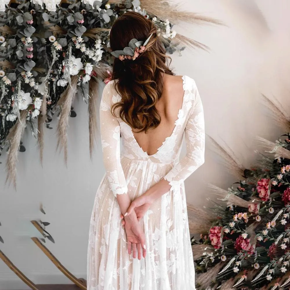 Sexy Backless Long Sleeves Beach Wedding Dress