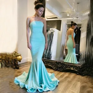 Sexy Blue Strapless Straight Across Mermaid Trumpet Long Prom Dress