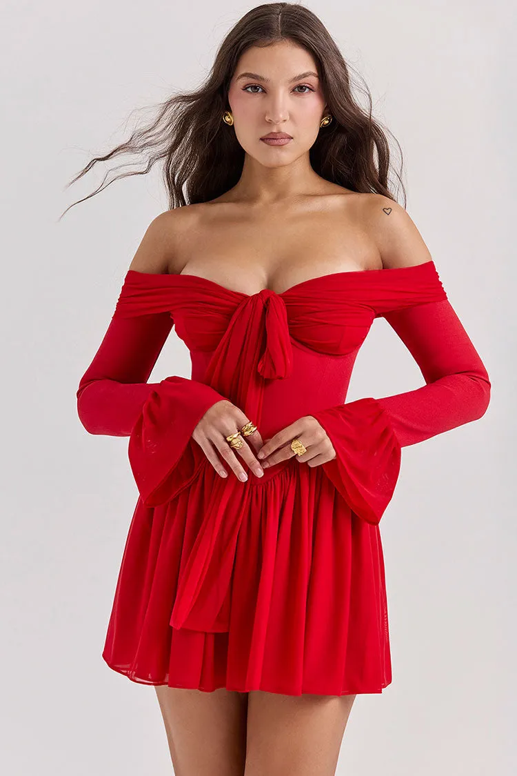 Sexy Bow Tie Off Shoulder Long Sleeve Drop Waist Mesh Panel Party Mini Dress - Red