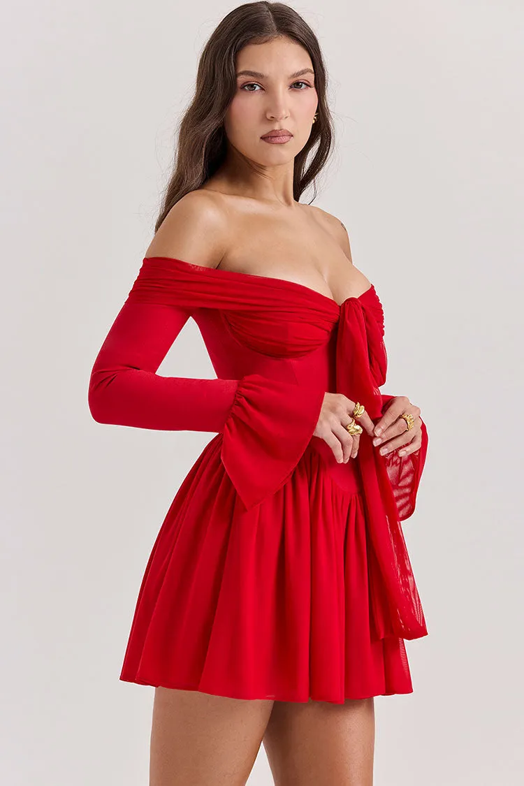 Sexy Bow Tie Off Shoulder Long Sleeve Drop Waist Mesh Panel Party Mini Dress - Red