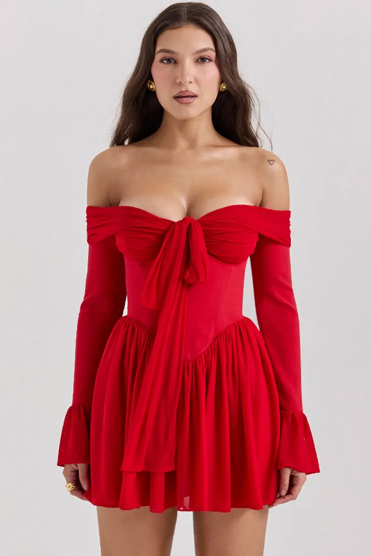 Sexy Bow Tie Off Shoulder Long Sleeve Drop Waist Mesh Panel Party Mini Dress - Red