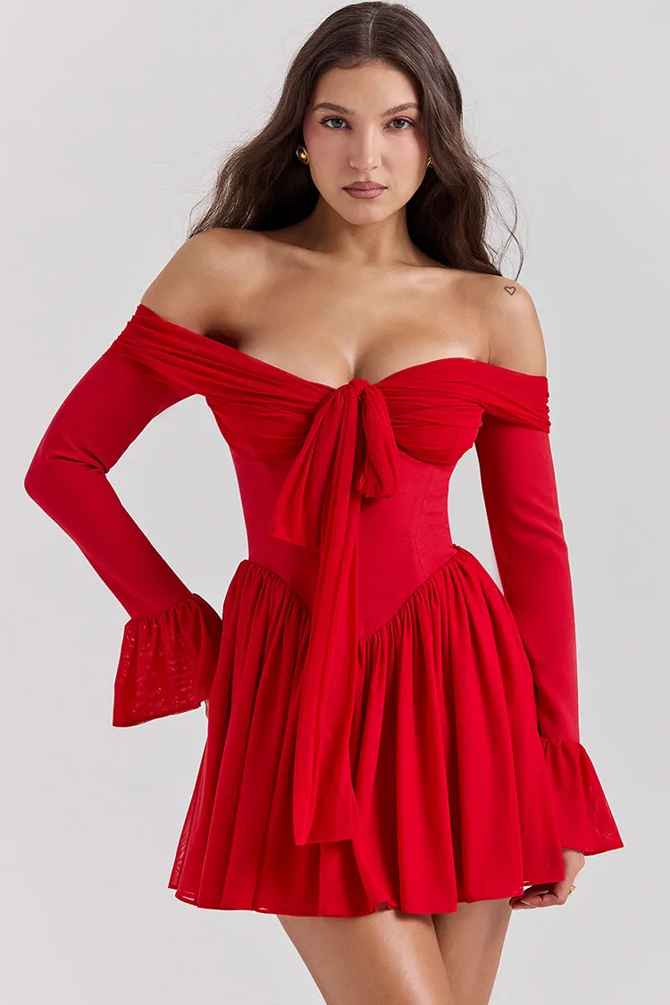 Sexy Bow Tie Off Shoulder Long Sleeve Drop Waist Mesh Panel Party Mini Dress - Red