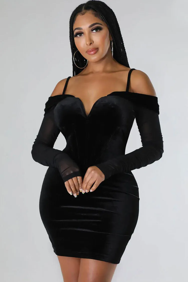 Sexy Deep V Sheer Sleeve Velvet Bodycon Corset Party Mini Dress - Black