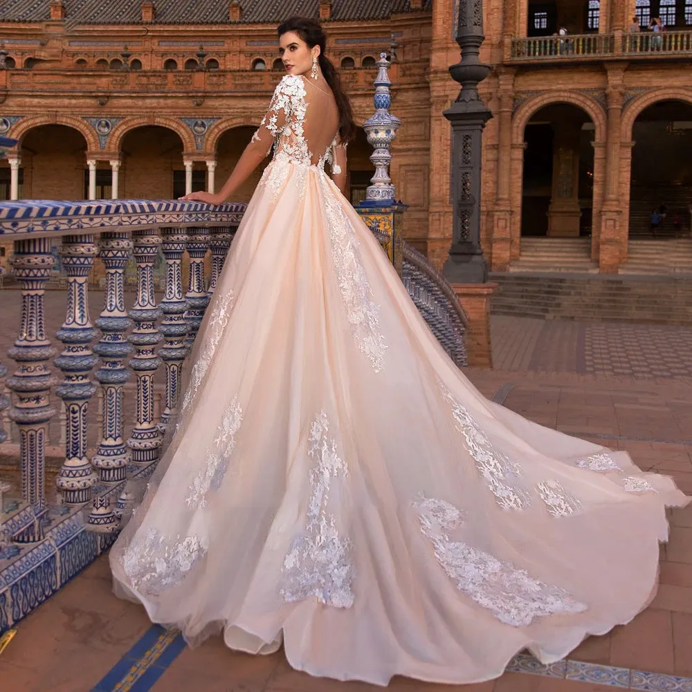 Sexy Illusion Half Sleeve A-Line Vintage Wedding Dress Luxury Beaded Flowers Court Train Bridal Gown