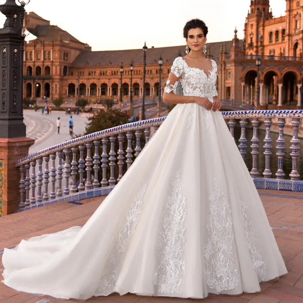 Sexy Illusion Half Sleeve A-Line Vintage Wedding Dress Luxury Beaded Flowers Court Train Bridal Gown