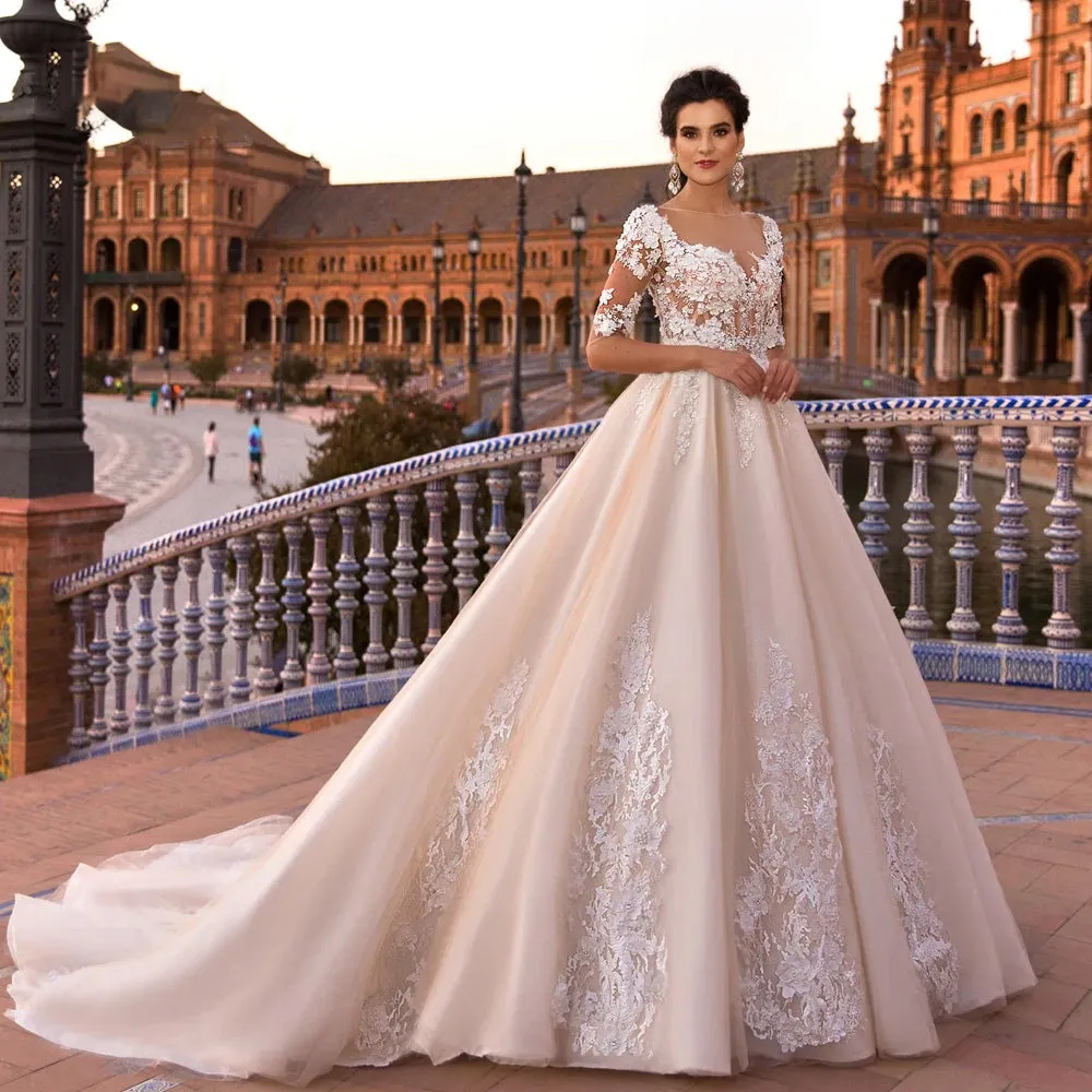 Sexy Illusion Half Sleeve A-Line Vintage Wedding Dress Luxury Beaded Flowers Court Train Bridal Gown