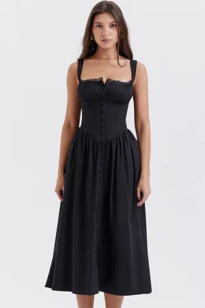 Sexy Lace Square Neck Lace Up Back Fit & Flare Midi Sundress - Black