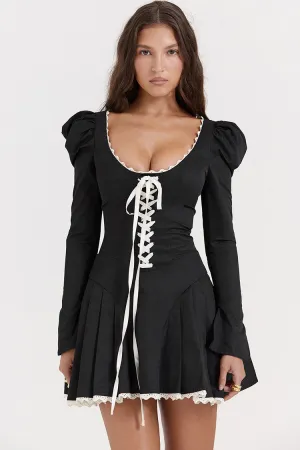 Sexy Lace Up Scoop Neck Puff Sleeve Ruffle Fit & Flare Party Mini Dress - Black