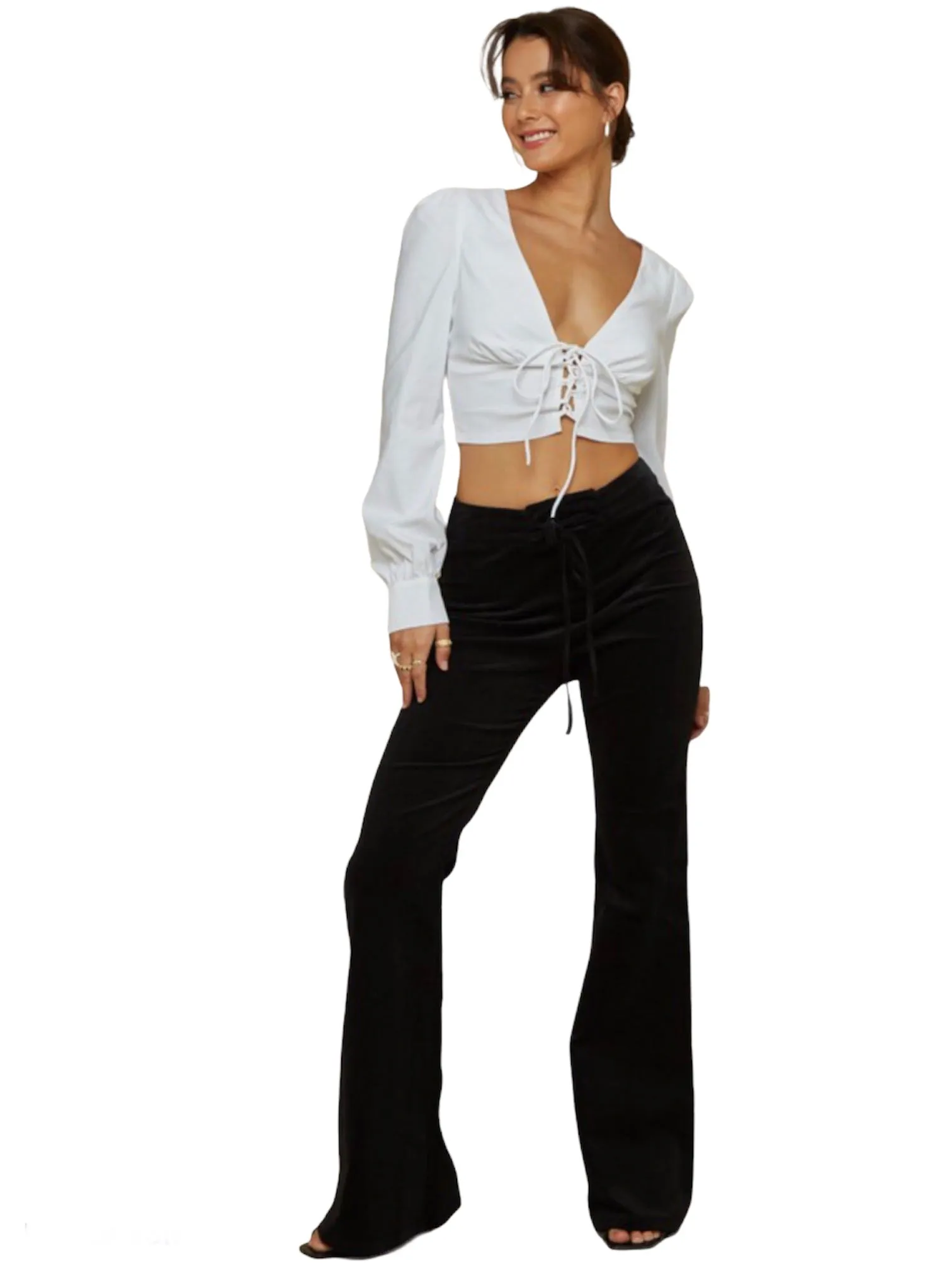 Sexy Lace Up V-Neck Long Sleeve Crop Top