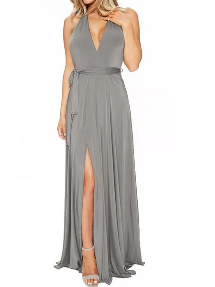 Sexy long skirt solid color V-neck halter dress new banquet evening dress